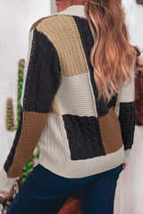 Multicolour Color Block Cable Knit Sleeve Buttons Collared Sweater Sweaters JT's Designer Fashion