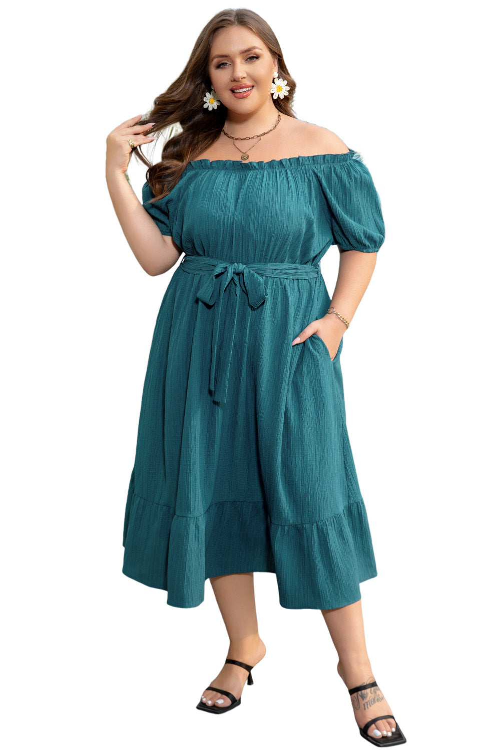 Skobeloff Frilled U Neck Puff Sleeve Belted Ruffle Hem Plus Size Midi Dress Plus Size Mini Dresses JT's Designer Fashion