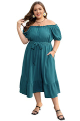Skobeloff Frilled U Neck Puff Sleeve Belted Ruffle Hem Plus Size Midi Dress Plus Size Mini Dresses JT's Designer Fashion