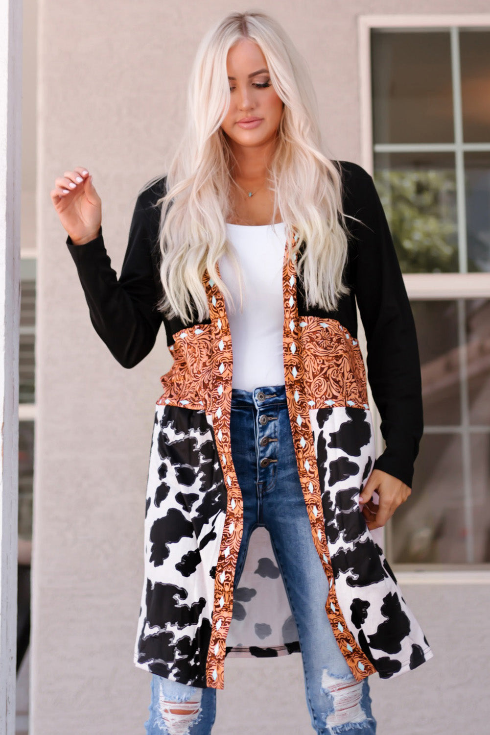 Black Western Pattern Cow Patchwork Open Front Cardigan Sweaters & Cardigans JT's Designer Fashion