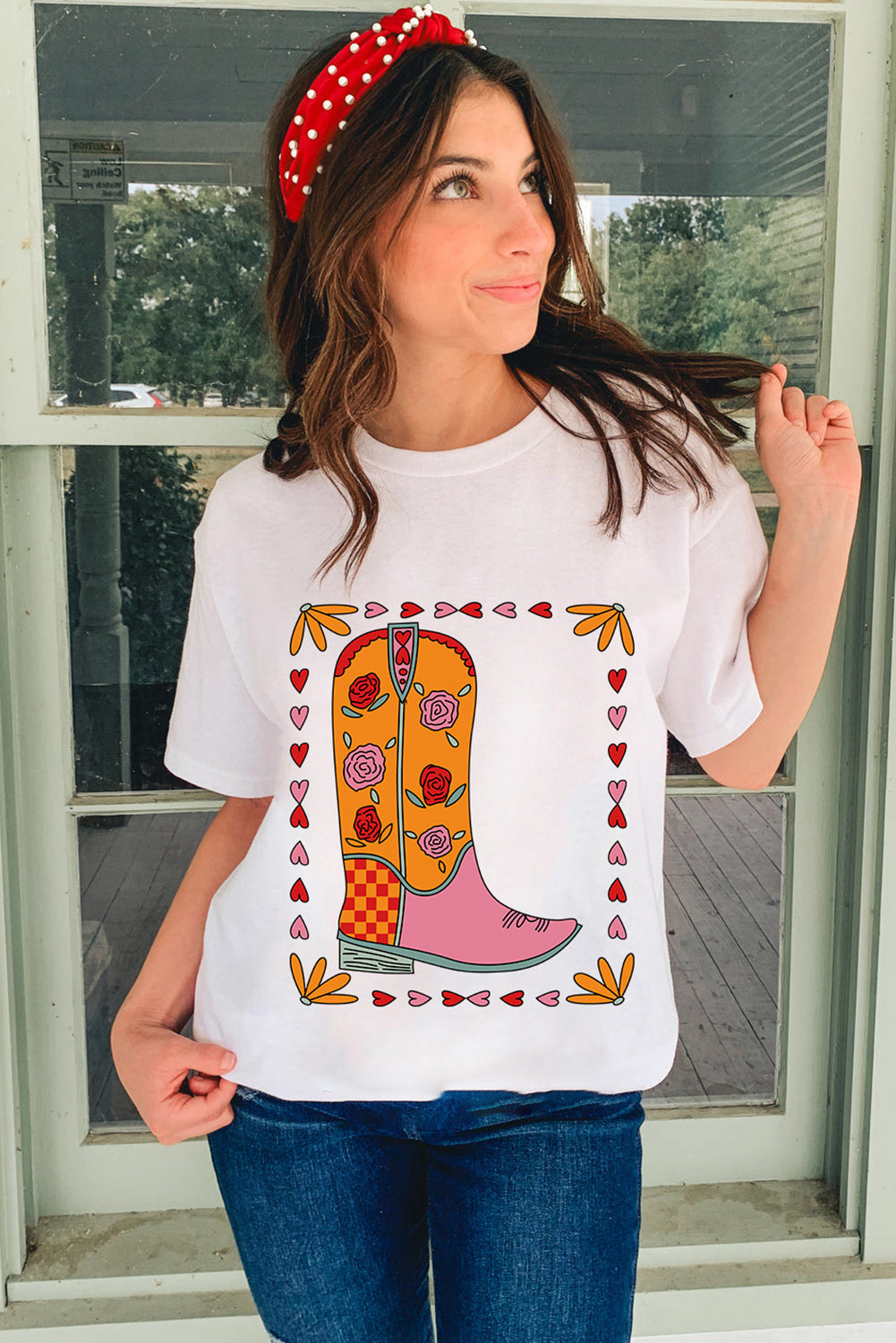 White Floral Cowgirl Boots Printed Casual T Shirt Graphic Tees JT's Designer Fashion