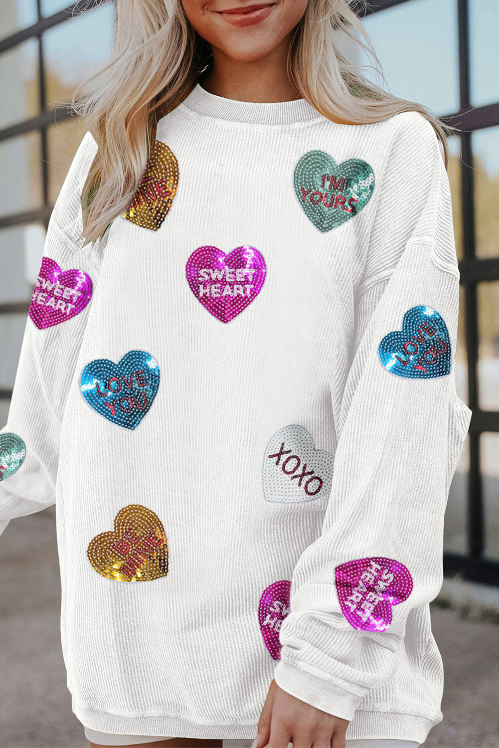 White Valentines Slogan Heart Sequin Corded Baggy Sweatshirt Graphic Sweatshirts JT's Designer Fashion