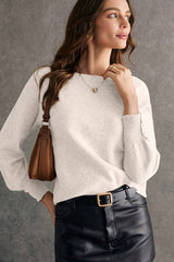 White Buttoned Bishop Sleeve Crew Neck Sweater Sweaters JT's Designer Fashion