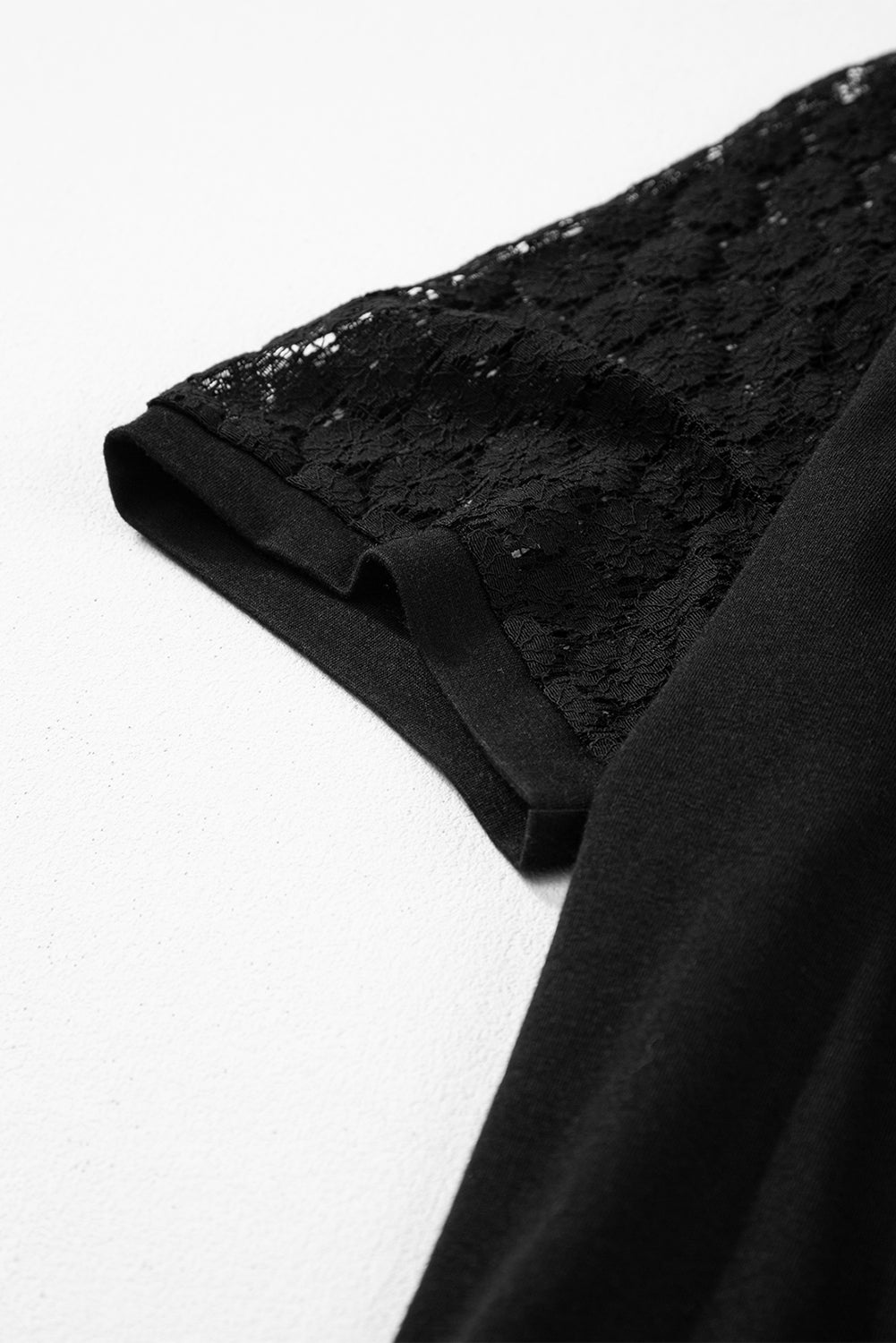 Black Contrast Lace Raglan Sleeve Pleated Detail Shift Dress T Shirt Dresses JT's Designer Fashion