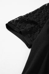 Black Contrast Lace Raglan Sleeve Pleated Detail Shift Dress T Shirt Dresses JT's Designer Fashion