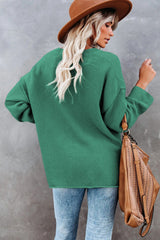 Green Henley Pullover Drop Shoulder Sweater with Slits Sweaters JT's Designer Fashion