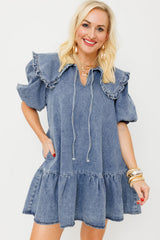 Dusk Blue Ruffled Collared Side Pockets Puff Sleeve Denim Mini Dress Mini Dresses JT's Designer Fashion