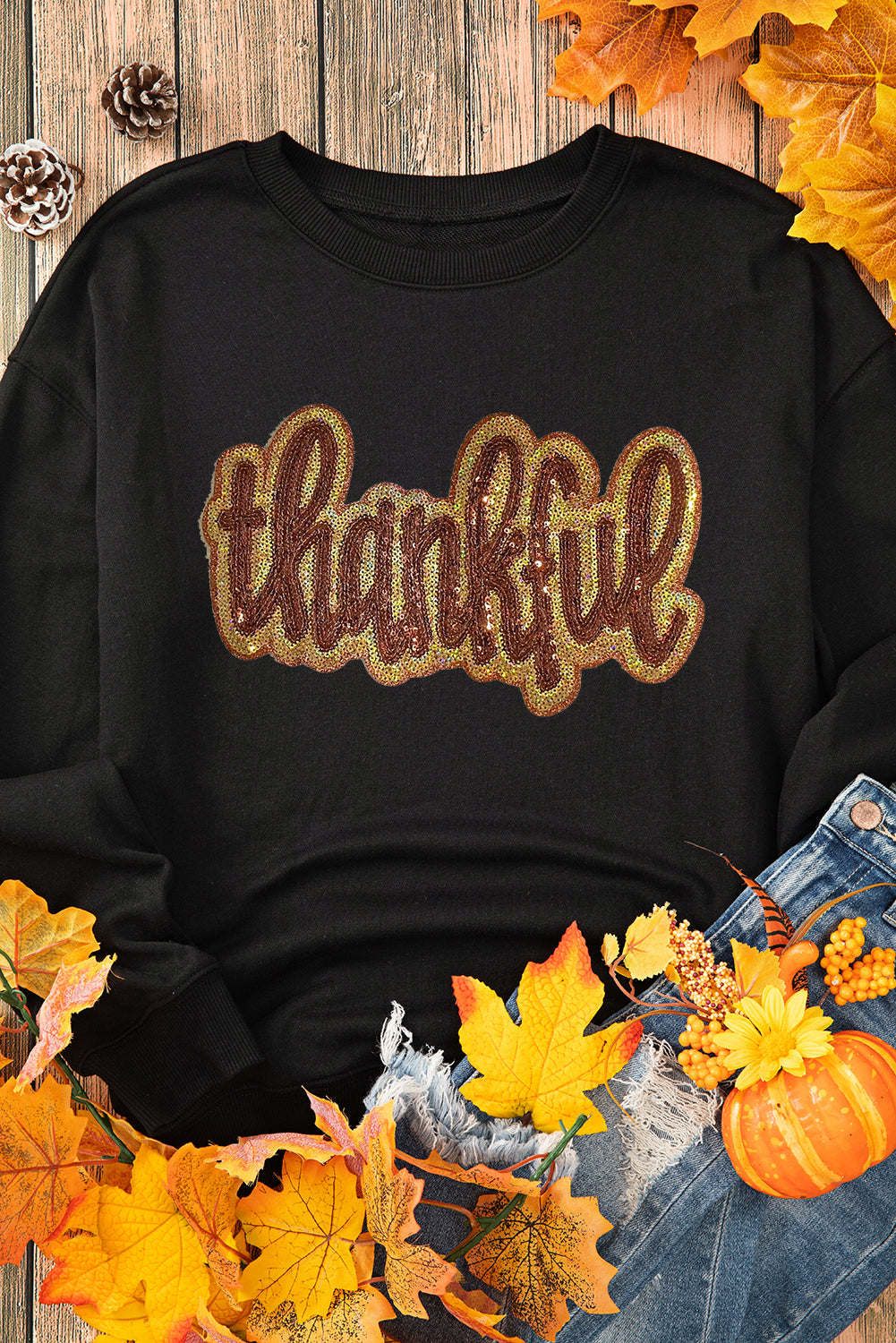 Black Glittering thankful Graphic Drop Shoulder Sweatshirt Graphic Sweatshirts JT's Designer Fashion