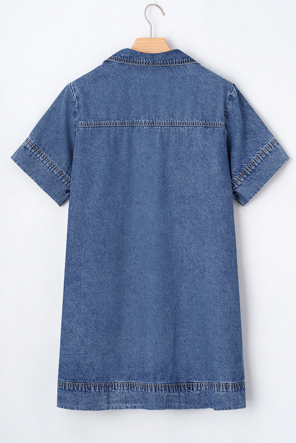 Blue Short Sleeve Collared Patched Pocket Denim Mini Dress Mini Dresses JT's Designer Fashion