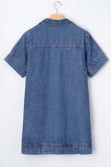 Blue Short Sleeve Collared Patched Pocket Denim Mini Dress Mini Dresses JT's Designer Fashion