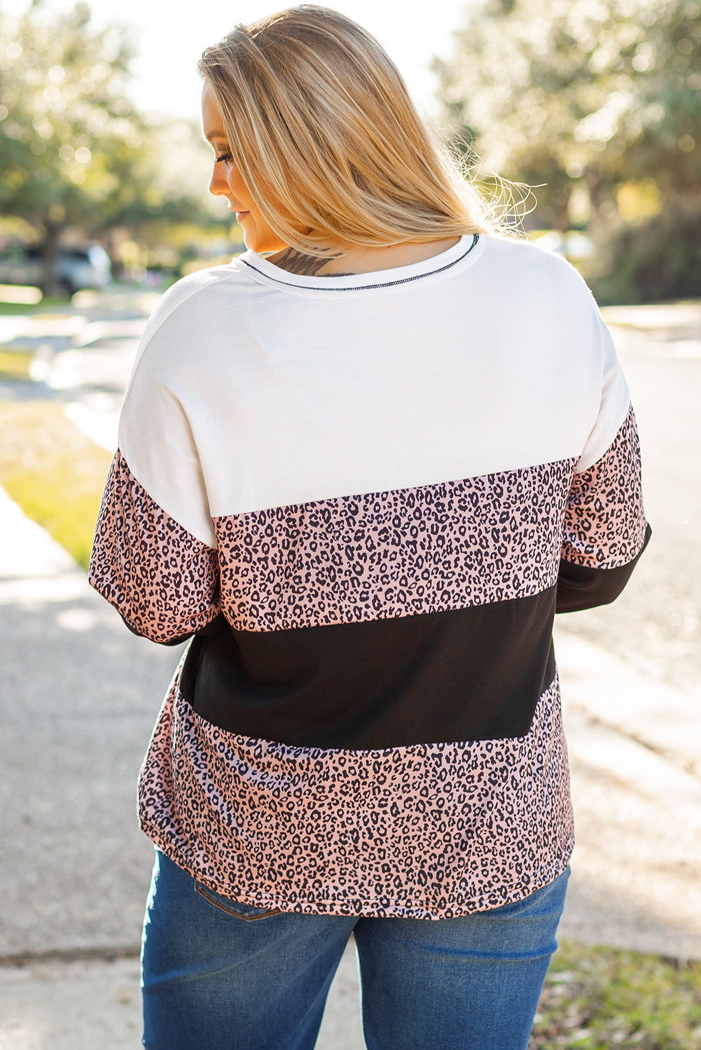 Black Leopard Print Colorblock V Neck Long Sleeve Plus Size Top Plus Size Long Sleeve Tops JT's Designer Fashion