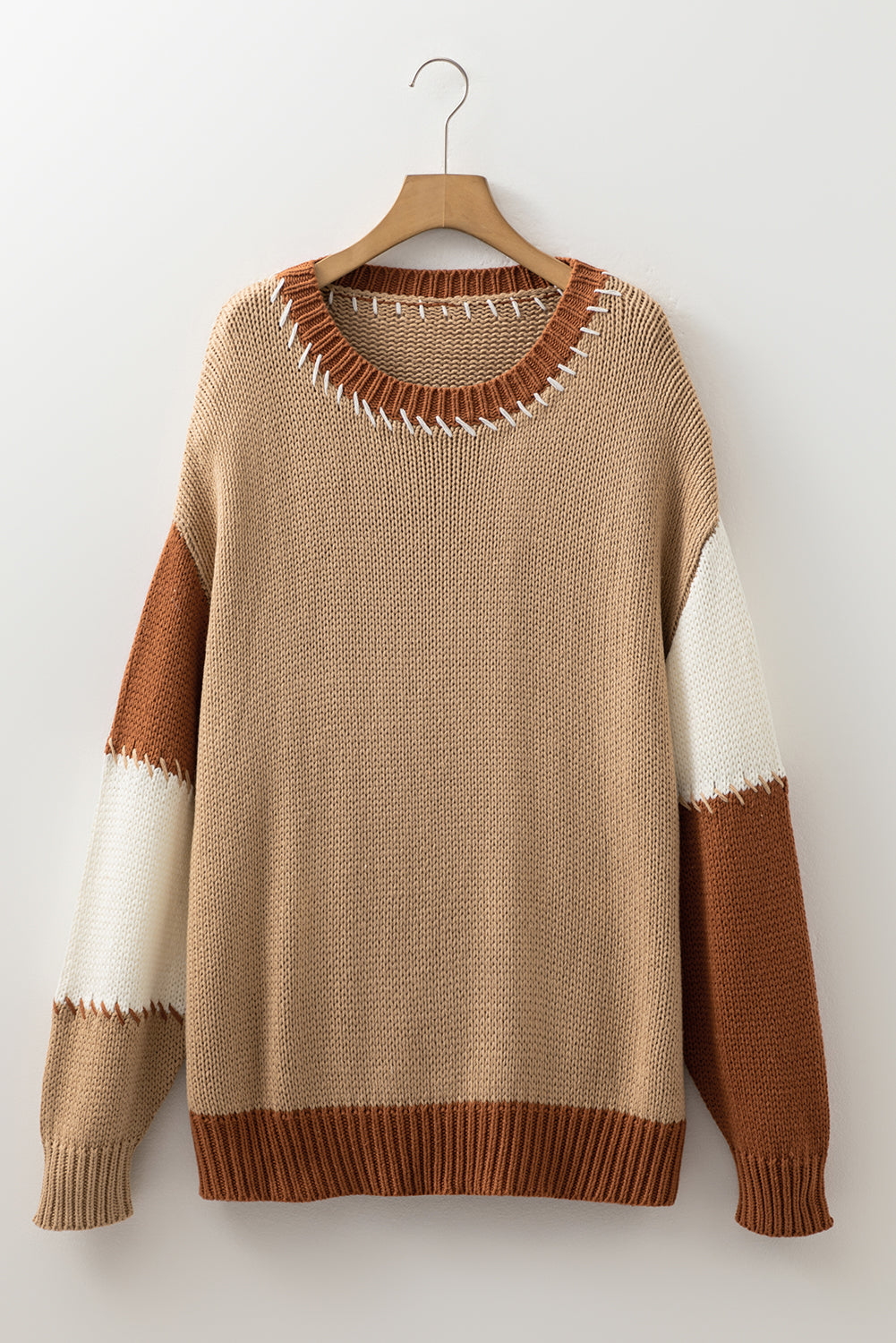 Light French Beige Contrast Stitch Detail Color Block Knitted Plus Size Sweater Plus Size Sweaters & Cardigans JT's Designer Fashion