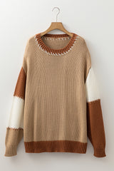 Light French Beige Contrast Stitch Detail Color Block Knitted Plus Size Sweater Plus Size Sweaters & Cardigans JT's Designer Fashion