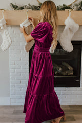 Red Dahlia Velvet Short Sleeve Shirred Waist Tiered Long Dress Maxi Dresses JT's Designer Fashion