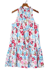 White Frill Mock Neck Sleeveless Tiered Floral Dress Floral Dresses JT's Designer Fashion