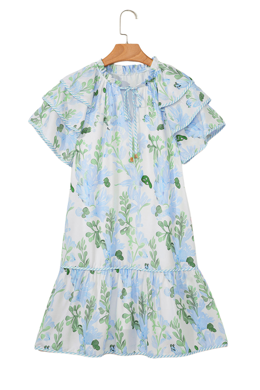 Sky Blue Floral Contrast Edge Layered Short Sleeve Mini Dress Floral Dresses JT's Designer Fashion