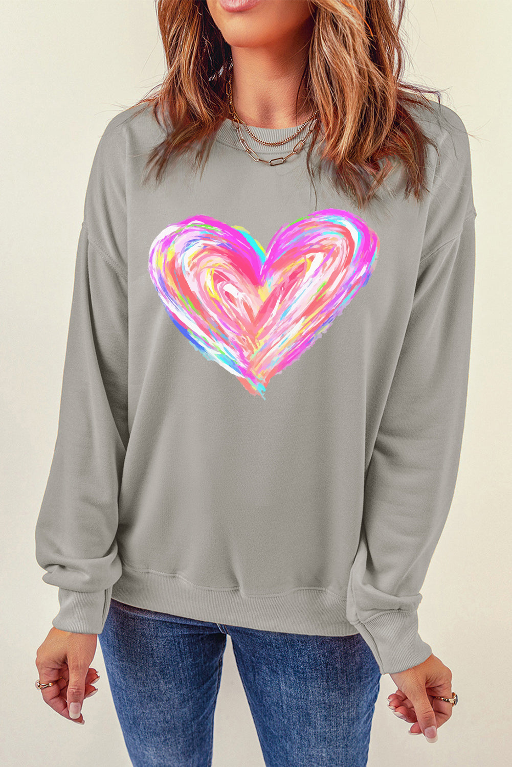 Gray Valentines Brushwork Heart Graphic Drop Shoulder Sweatshirt Graphic Sweatshirts JT's Designer Fashion