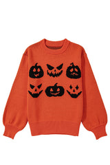 Orange Halloween Pumpkin Face Pattern Drop Shoulder Sweater Sweaters JT's Designer Fashion