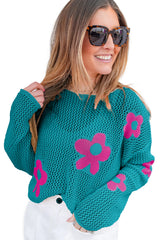 Sea Green Big Flower Hollowed Knit Drop Shoulder Sweater Sweaters JT's Designer Fashion