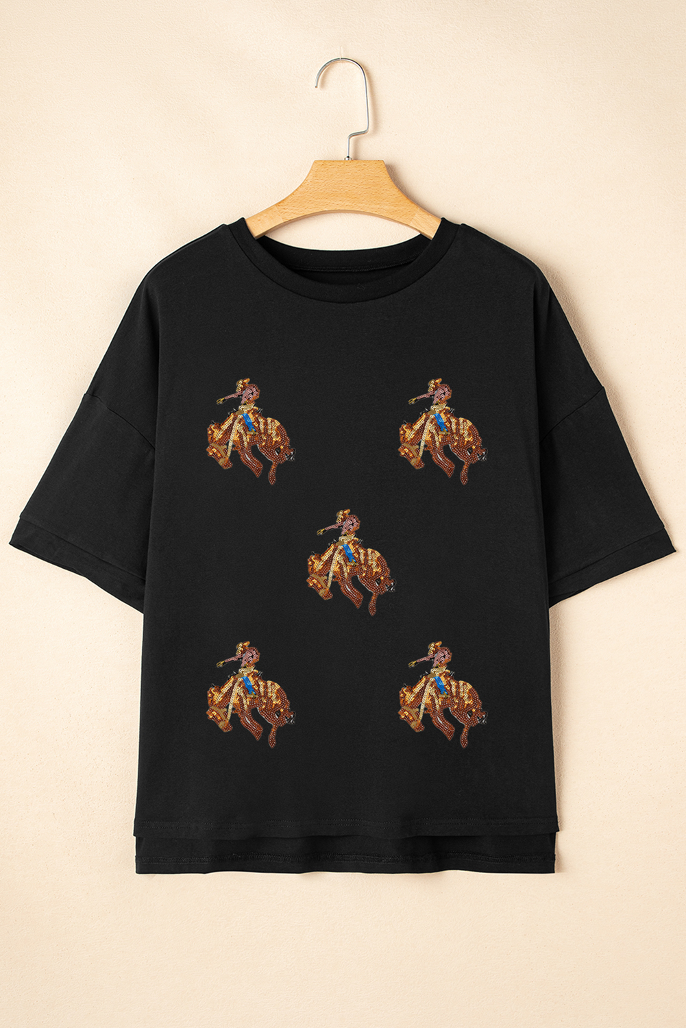 Black Western Horse Patched Crew Neck Graphic T Shirt Graphic Tees JT's Designer Fashion