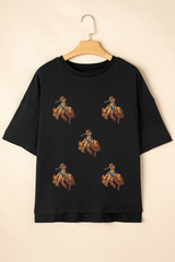 Black Western Horse Patched Crew Neck Graphic T Shirt Graphic Tees JT's Designer Fashion