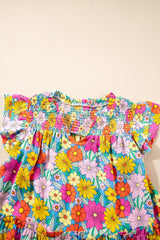 Sky Blue Floral Print Smocked Notch V Neck Flutter Sleeve Mini Dress Floral Dresses JT's Designer Fashion