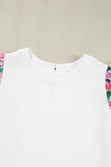 White Abstract Print Tiered Ruffled Sleeve Textured Knit Top Blouses & Shirts JT's Designer Fashion