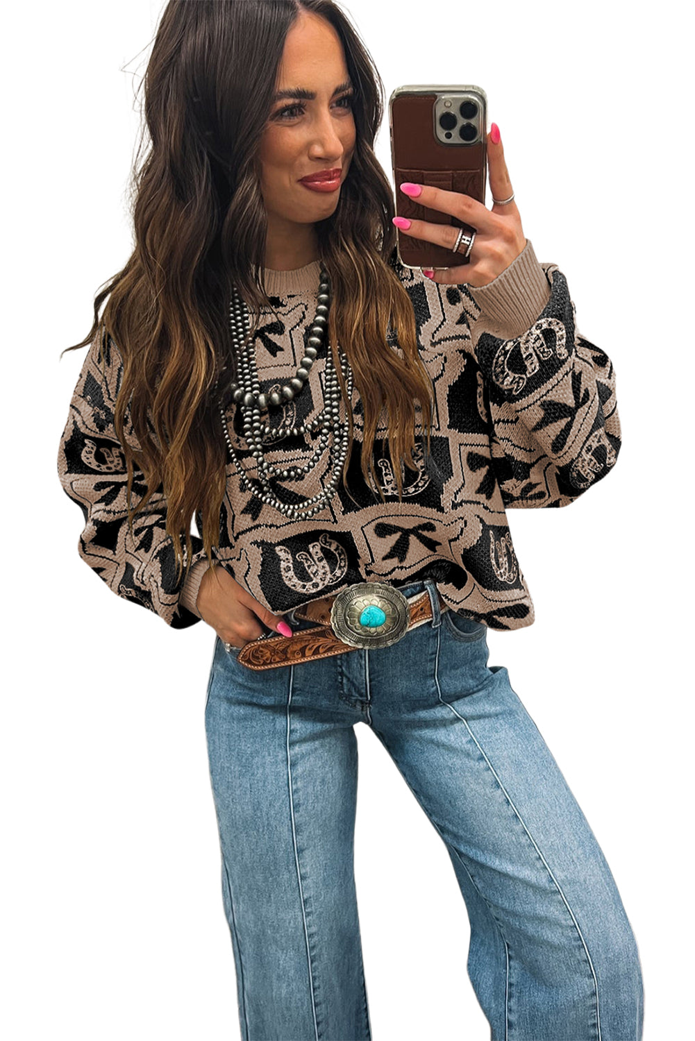 Black Bows & Horseshoes Pattern Western Fashion Print Sweater Sweaters JT's Designer Fashion
