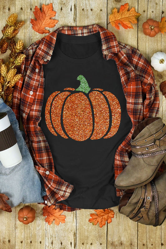 Black Glittering Pumpkin Graphic Halloween T Shirt Graphic Tees JT's Designer Fashion