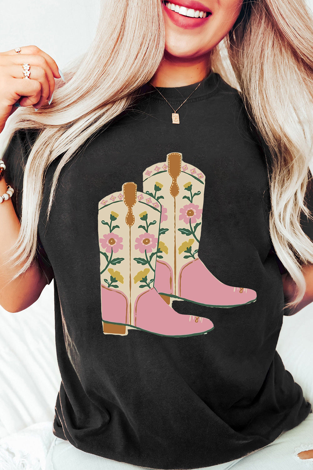 Black Floral Cowgirl Boots Cotton Blend T Shirt Graphic Tees JT's Designer Fashion
