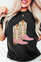 Black Floral Cowgirl Boots Cotton Blend T Shirt Graphic Tees JT's Designer Fashion