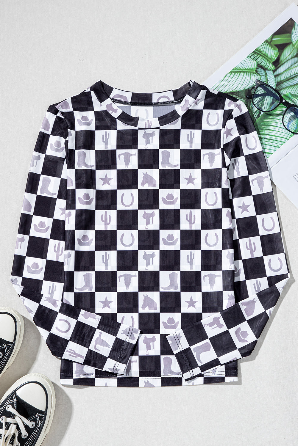 Black Checkerboard Western Elements Printed Mesh Long Sleeve Top Long Sleeve Tops JT's Designer Fashion