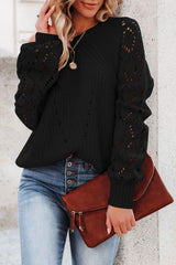 Black Hollow-out Puffy Sleeve Knit Sweater Black 100%Acrylic Sweaters JT's Designer Fashion