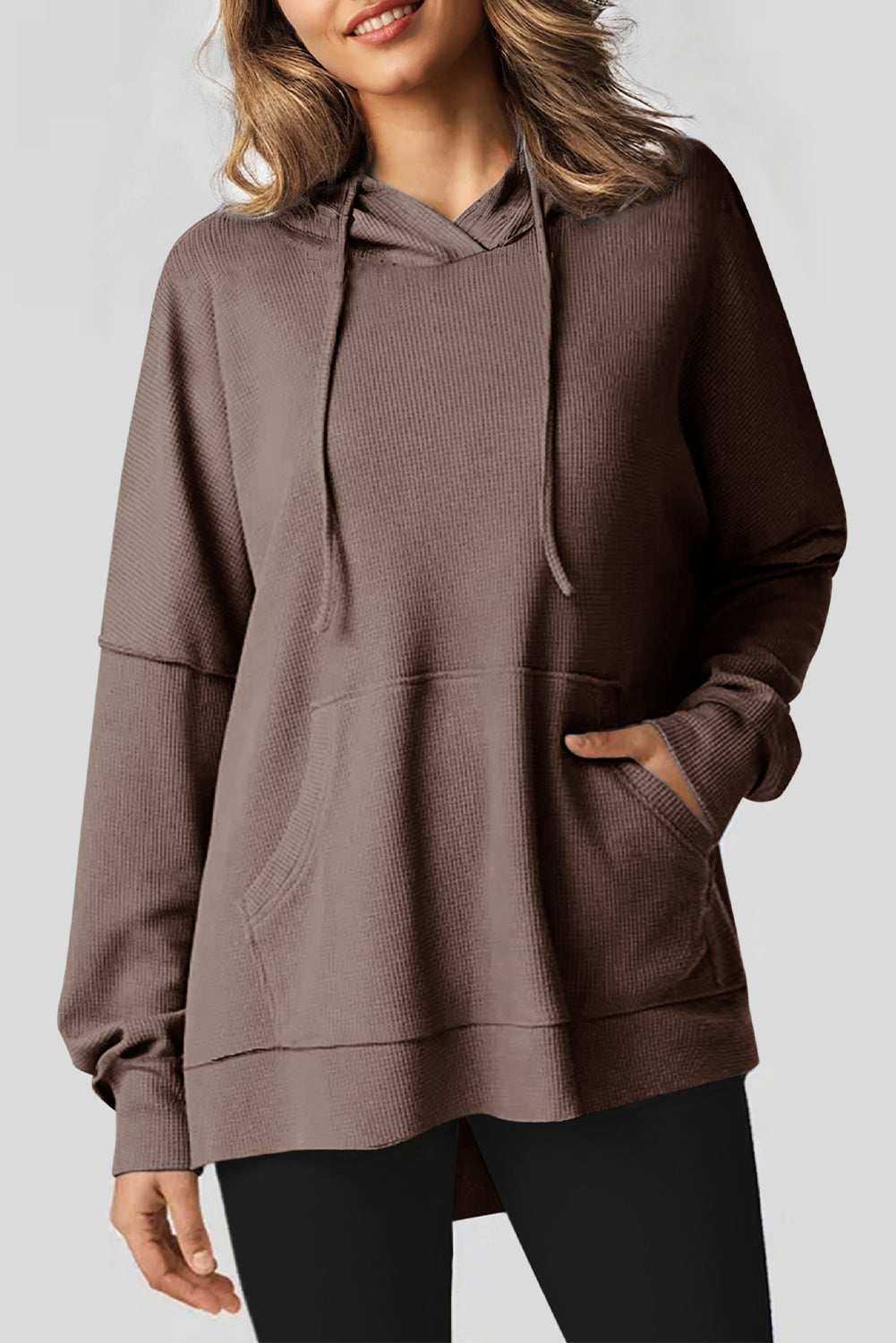 Coffee Waffle Knit Fleece Lined High Low Oversized Hoodie Sweatshirts & Hoodies JT's Designer Fashion