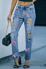 Light Blue Flag Pattern Inspired Sequin Bow Graphic Distressed Jeans Graphic Pants JT's Designer Fashion