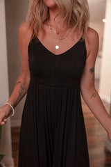 Black Spaghetti Straps Open Back Pleated Wide Leg Jumpsuit Jumpsuits & Rompers JT's Designer Fashion