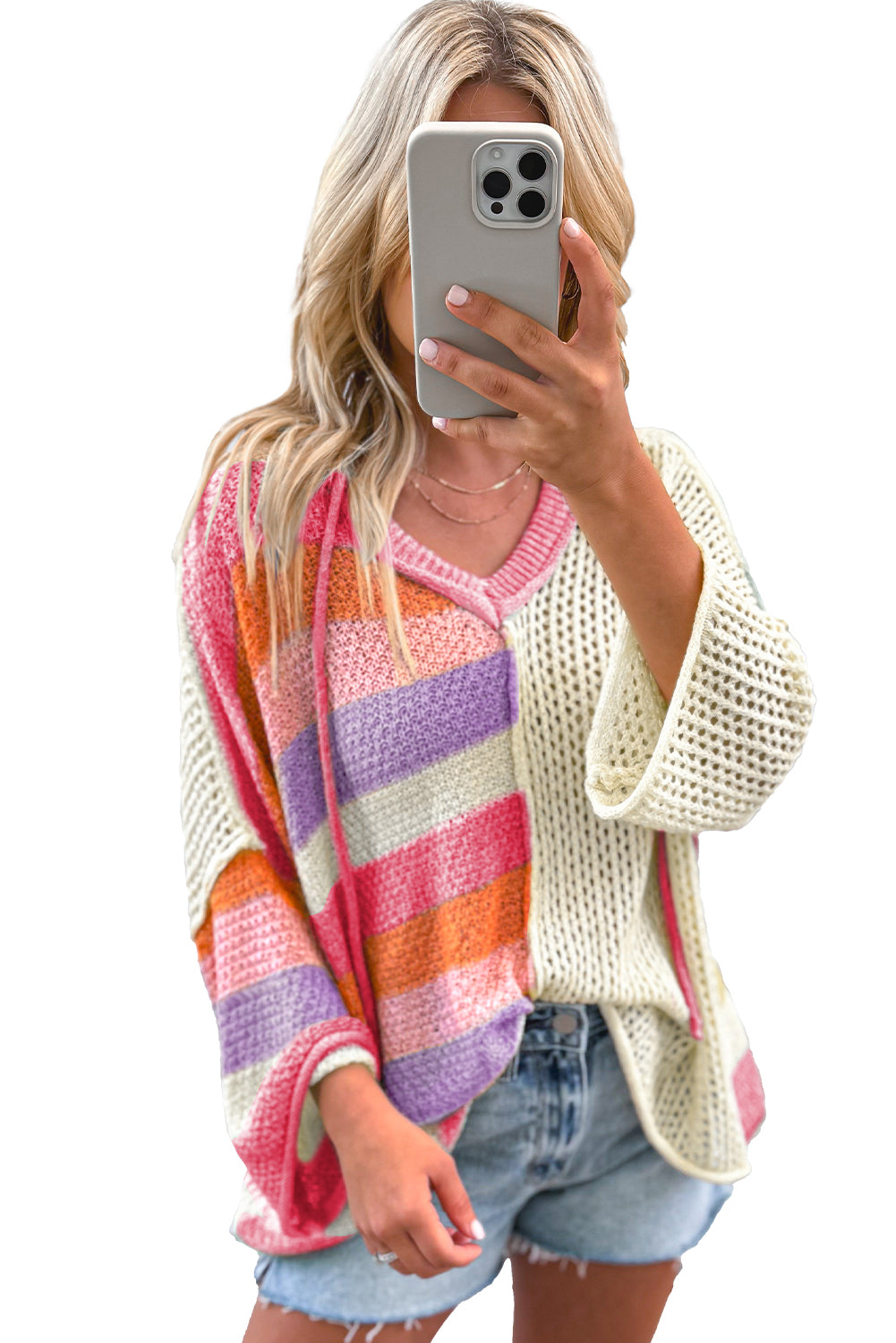Pink Oversized Colorblock V Neck Hooded Sweater Sweaters JT's Designer Fashion