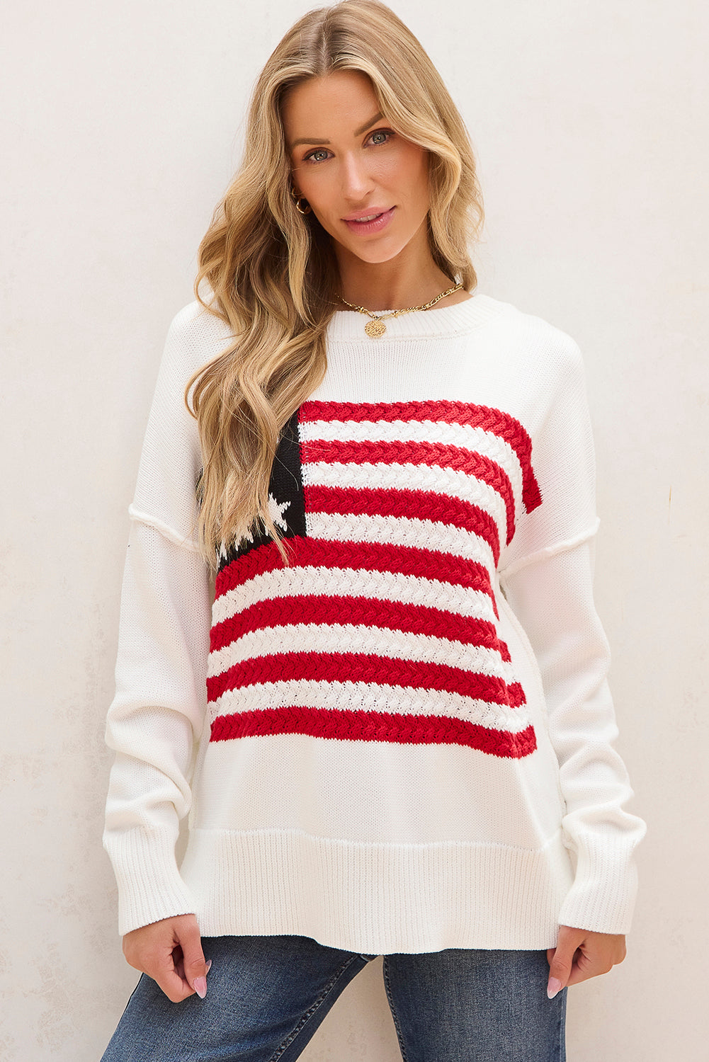 White American Flag Cable Knit Drop Shoulder Sweater Sweaters JT's Designer Fashion