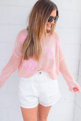 Light Pink Big Flower Hollowed Knit Drop Shoulder Sweater Sweaters & Cardigans JT's Designer Fashion
