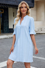 Beau Blue Jacquard Texture Flared Short Sleeve Notched Neck Mini Dress Mini Dresses JT's Designer Fashion