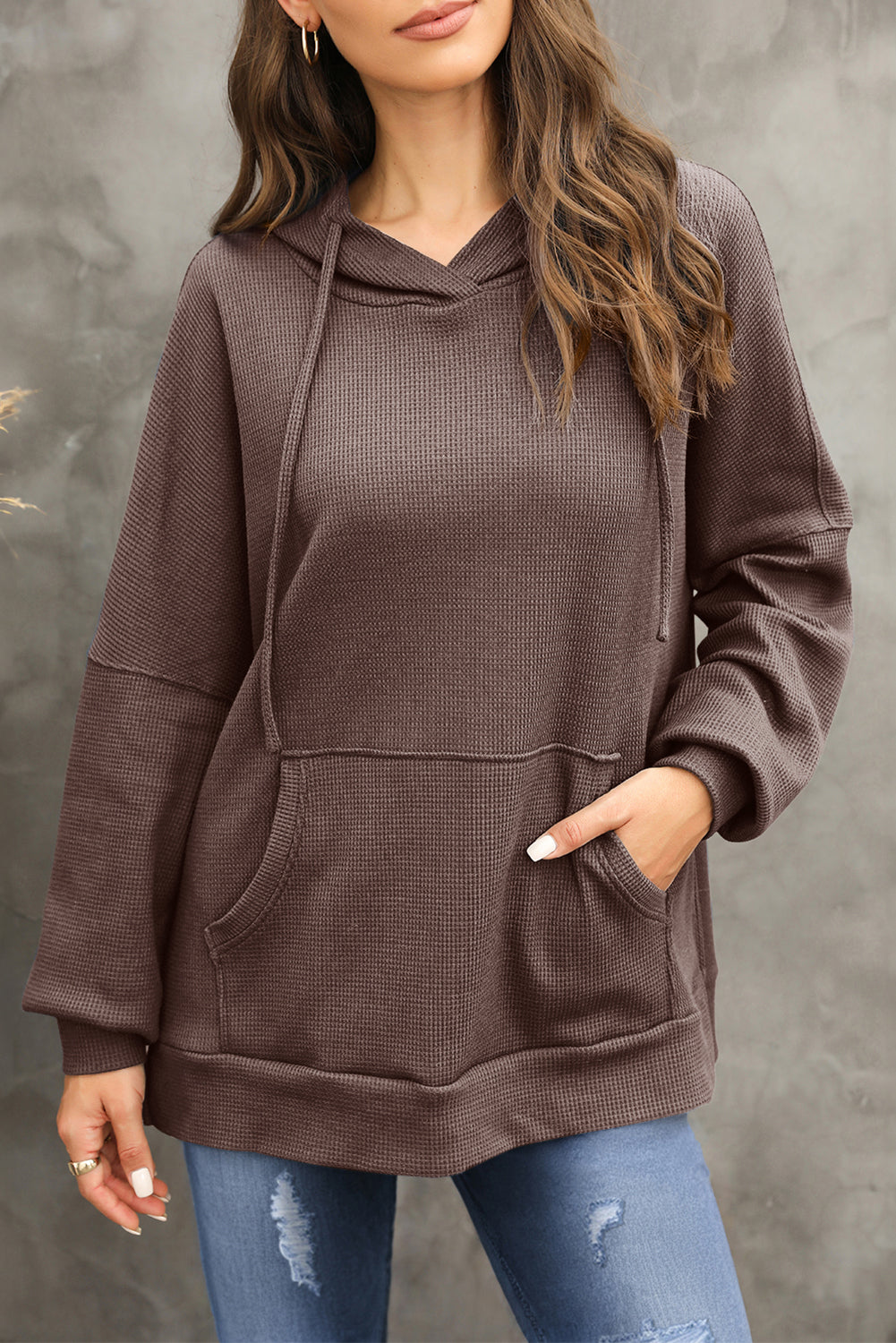 Coffee Waffle Knit Fleece Lined High Low Oversized Hoodie Sweatshirts & Hoodies JT's Designer Fashion