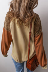 Khaki Lace Patchwork Colorblock Drop Shoulder Sweatshirt Sweatshirts & Hoodies JT's Designer Fashion
