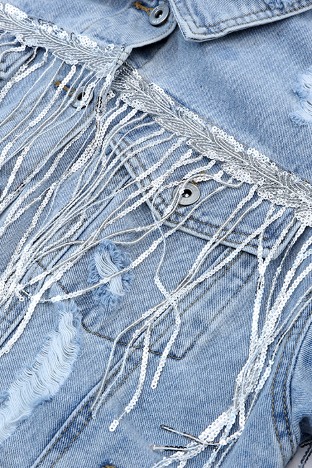 Sky Blue Sequin Embellished Fringe Distressed Denim Jacket Denim Jackets JT's Designer Fashion