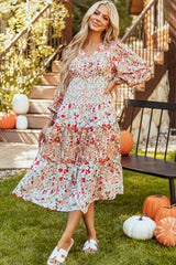Khaki Floral Print Ruffled Tiered Long Sleeve V Neck Midi Dress Floral Dresses JT's Designer Fashion