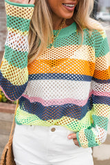 Green Colorblock Patchwork Knit Crochet Eyelet Sweater Green 100%Acrylic Sweaters JT's Designer Fashion