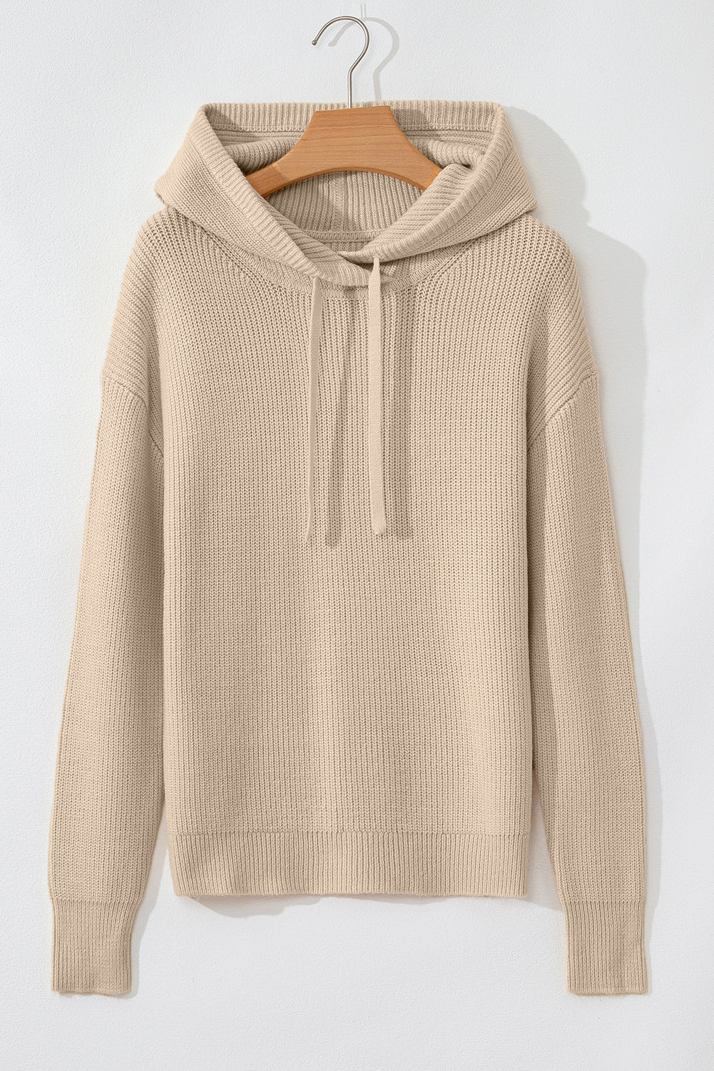 Beige Solid Color Drawstring Hooded Drop Shoulder Pullover Sweater Sweaters JT's Designer Fashion