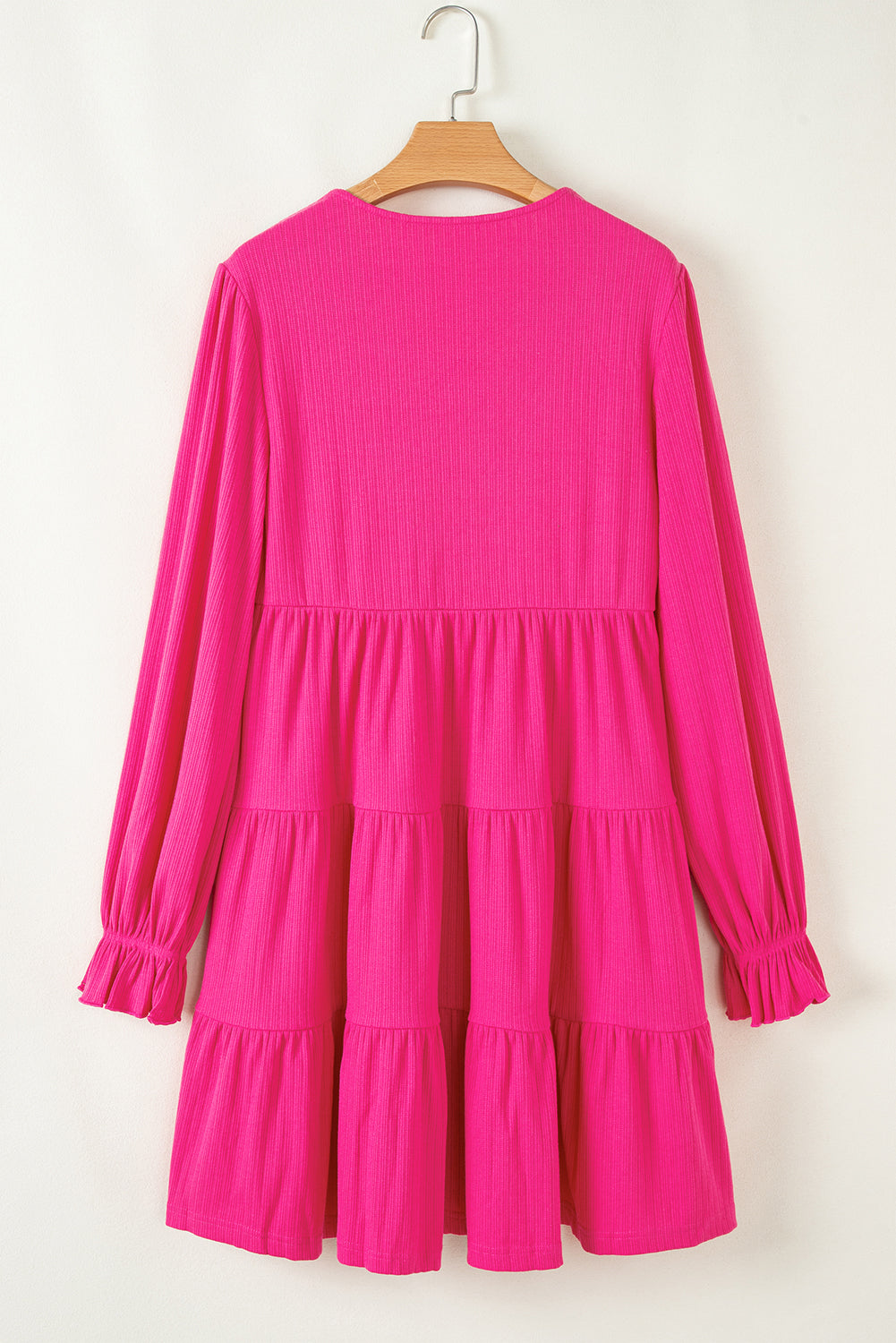 Rose Red Colorful Crochet V Neck Textured Tiered Ruffled Long Sleeve Mini Dress Mini Dresses JT's Designer Fashion