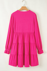 Rose Red Colorful Crochet V Neck Textured Tiered Ruffled Long Sleeve Mini Dress Mini Dresses JT's Designer Fashion