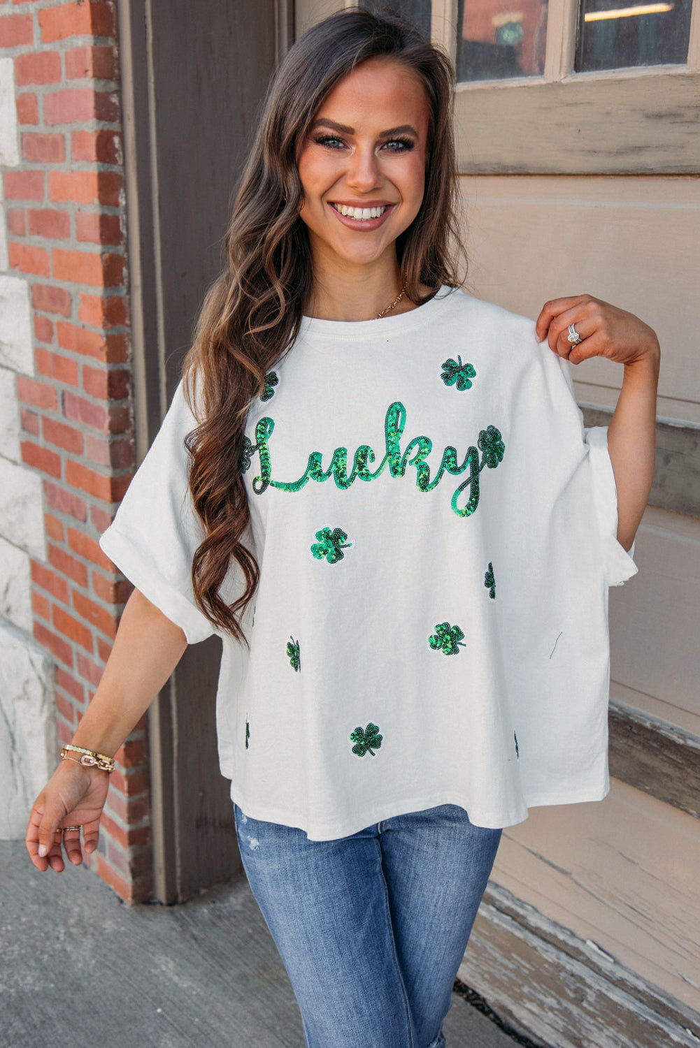 White St Patrick Lucky Clover Sequin Graphic T Shirt Graphic Tees JT's Designer Fashion
