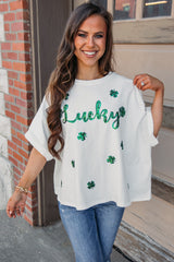 White St Patrick Lucky Clover Sequin Graphic T Shirt Graphic Tees JT's Designer Fashion